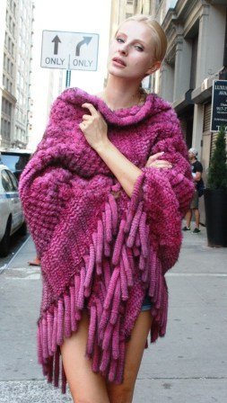 Hot Pink Knit Mink Fur Poncho Fringes 55444