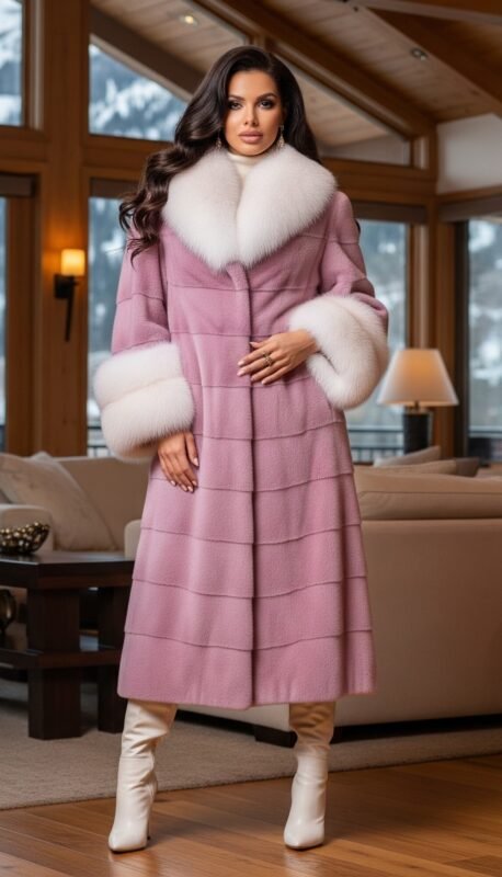 Lavender Mink Coat White Fox Collar Cuffs 8754