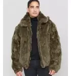 Rabbit Fur Hooded Bomber Jacket in Olive