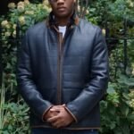 Men’s Navy Shearling Jacket Camel Shearling Trim 5433