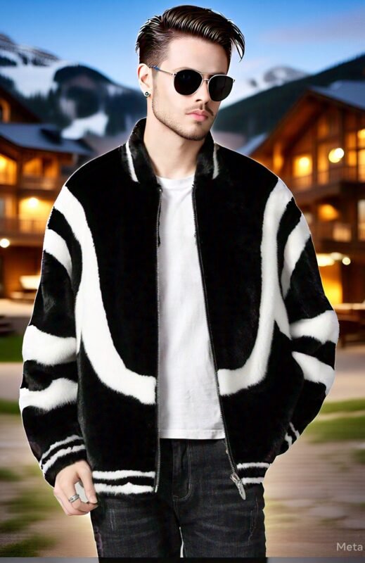 Men's Black and White Mink Bomber Jacket 8333