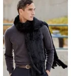 Men's Black Knit Rex Rabbit Fur Scarf with Tassels