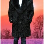 Mens Black Persian Lamb Fur Coat Black Fox Fur Collar 34567