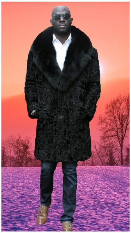 Mens Black Persian Lamb Fur Coat Black Fox Fur Collar 34567