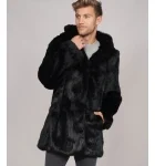 Noir Black Hooded Men's Rabbit Fur Coat