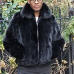 Men's Black Rex Rabbit Bomber Jacket Fox Collar 6235