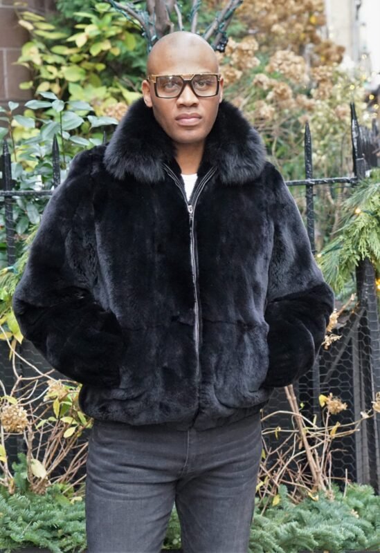 Men's Black Rex Rabbit Bomber Jacket Fox Collar 6235