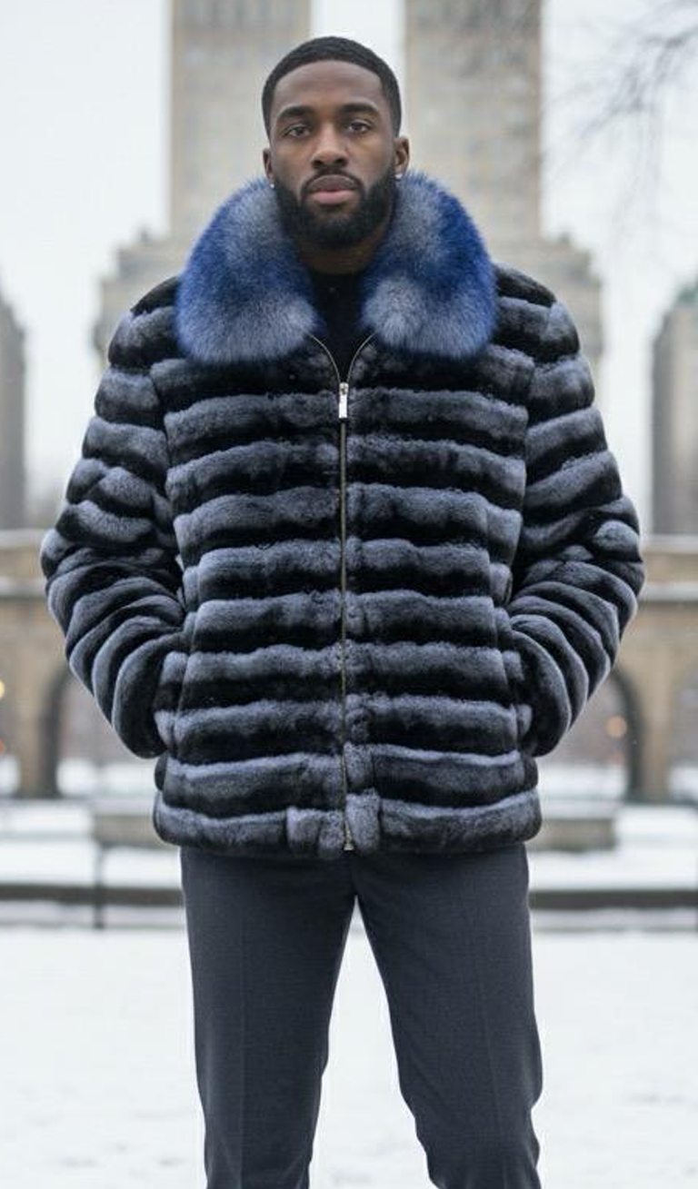 Mens Blue Rex Rabbit Jacket Fox Collar 47474 Mens Blue Rex Rabbit Jacket Fox Collar 47474