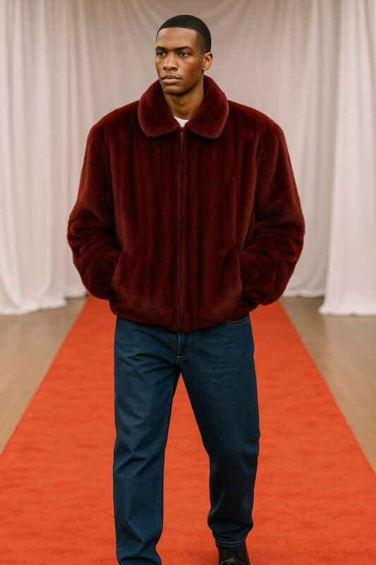 Men's Burgundy Mink Bomber Fur Jacket 9002