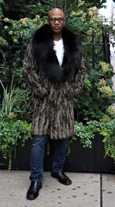 Men's Chocolate Brown Persian Lamb Stroller Brown Fox Collar 48484