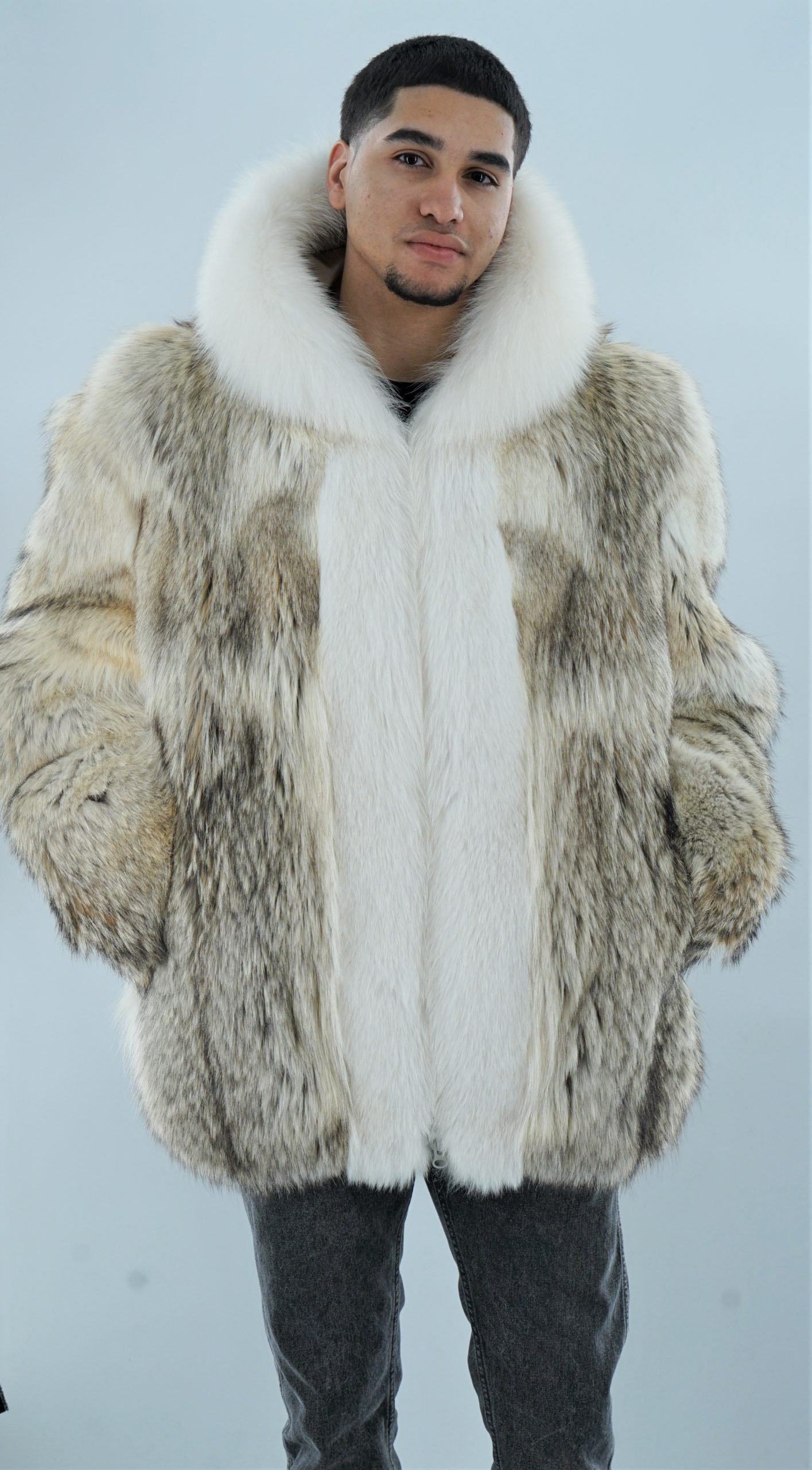 Men's Coyote Fur Jacket White Fox Trim Hood 7778 Men's Coyote Fur Jacket White Fox Trim Hood 7778