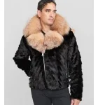 Mink Moto Jacket with Fox Collar & Hood in Black for Men
