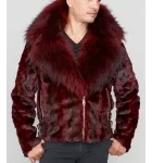Mink Moto Jacket with Fox Collar & Hood in Burgundy for Men