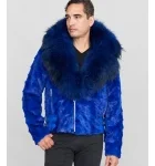 Mink Moto Jacket with Fox Collar & Hood in Royal Blue for Men