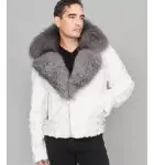 Mink Moto Jacket with Fox Collar & Hood in White for Men