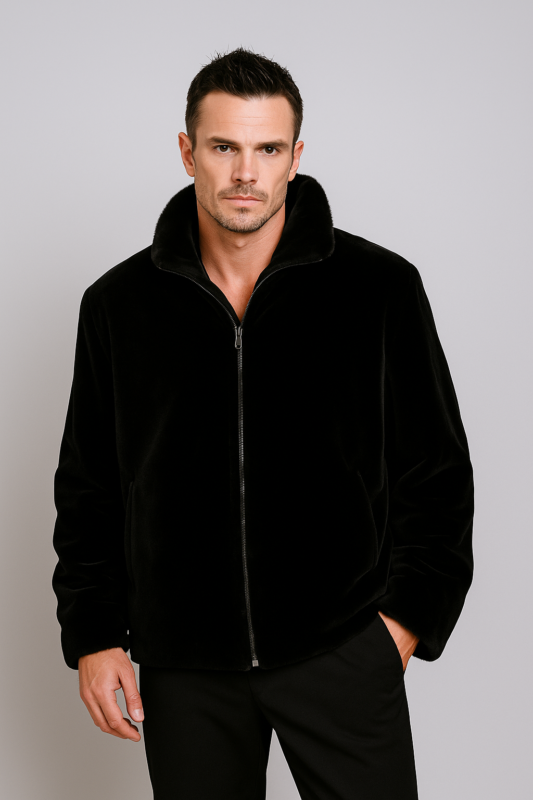 Men's Fur Black Sheared Mink Bomber Jacket 7788