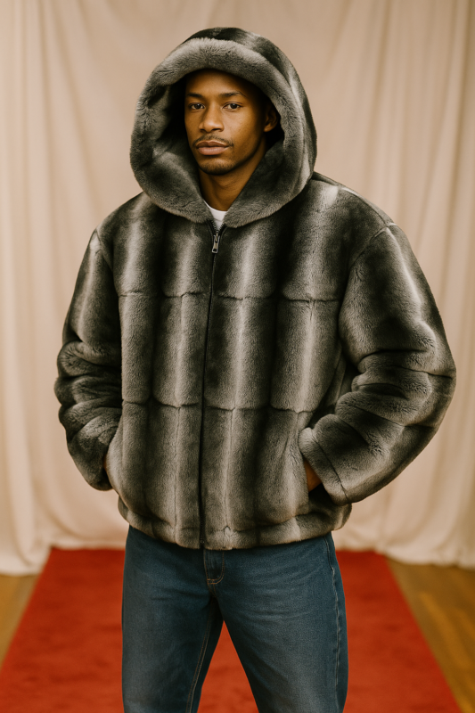 Men's Fur Chinchilla Bomber Jacket Hood 4443