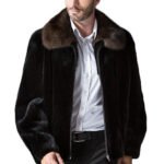 Mens Mink Fur Coat Black with Mahogany Collar