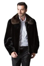 Mens Mink Fur Coat Black with Mahogany Collar