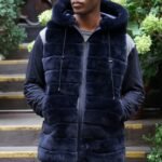 Men's Navy Blue Rex Hooded Fur Vest 73737