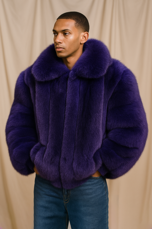 Men's Purple Dyed Fox Fur Bomber Jacket 7766