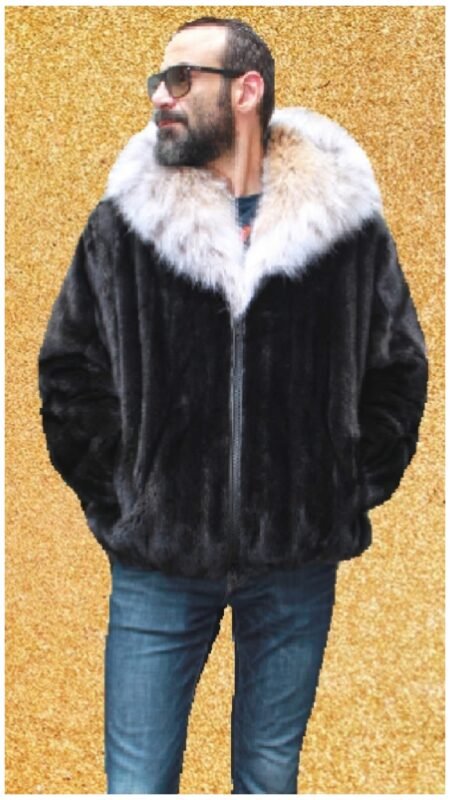 Mens Ranch Mink Fur Bomber Jacket Hood Lynx hood 7757