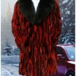 MENS STRIPED BLACK RED MINK FUR COAT BLACK FOX FUR COLLAR 29345