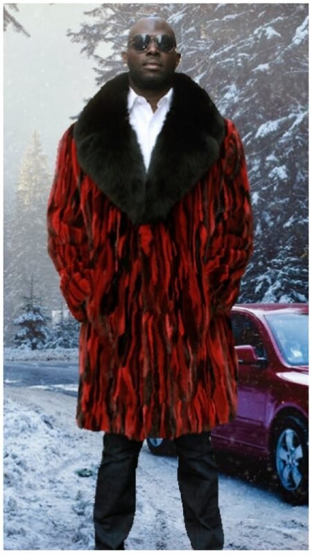 MENS STRIPED BLACK RED MINK FUR COAT BLACK FOX FUR COLLAR 29345