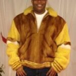 Mens Whiskey Mink Fur Bomber Jacket Yellow White Mink Fur Trim 8899
