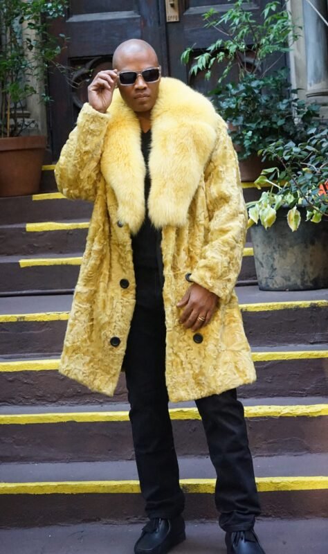Men's Yellow Persian Lamb Fur Coat Fox Collar 3332