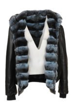 Blue Black Reversible Hooded Chinchilla Leather Bomber Jacket