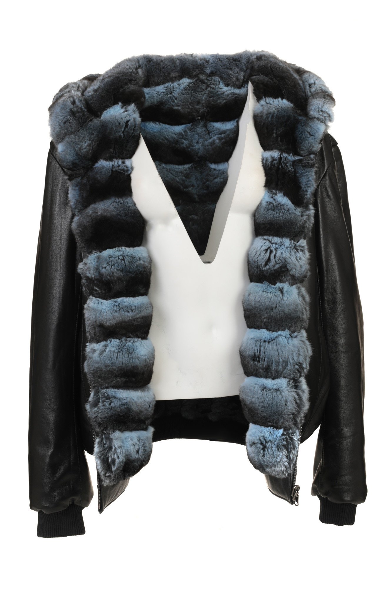 Blue Black Reversible Hooded Chinchilla Leather Bomber Jacket - Image 1