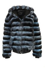 Blue Black Reversible Hooded Chinchilla Leather Bomber Jacket - Image 2