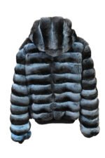 Blue Black Reversible Hooded Chinchilla Leather Bomber Jacket - Image 3