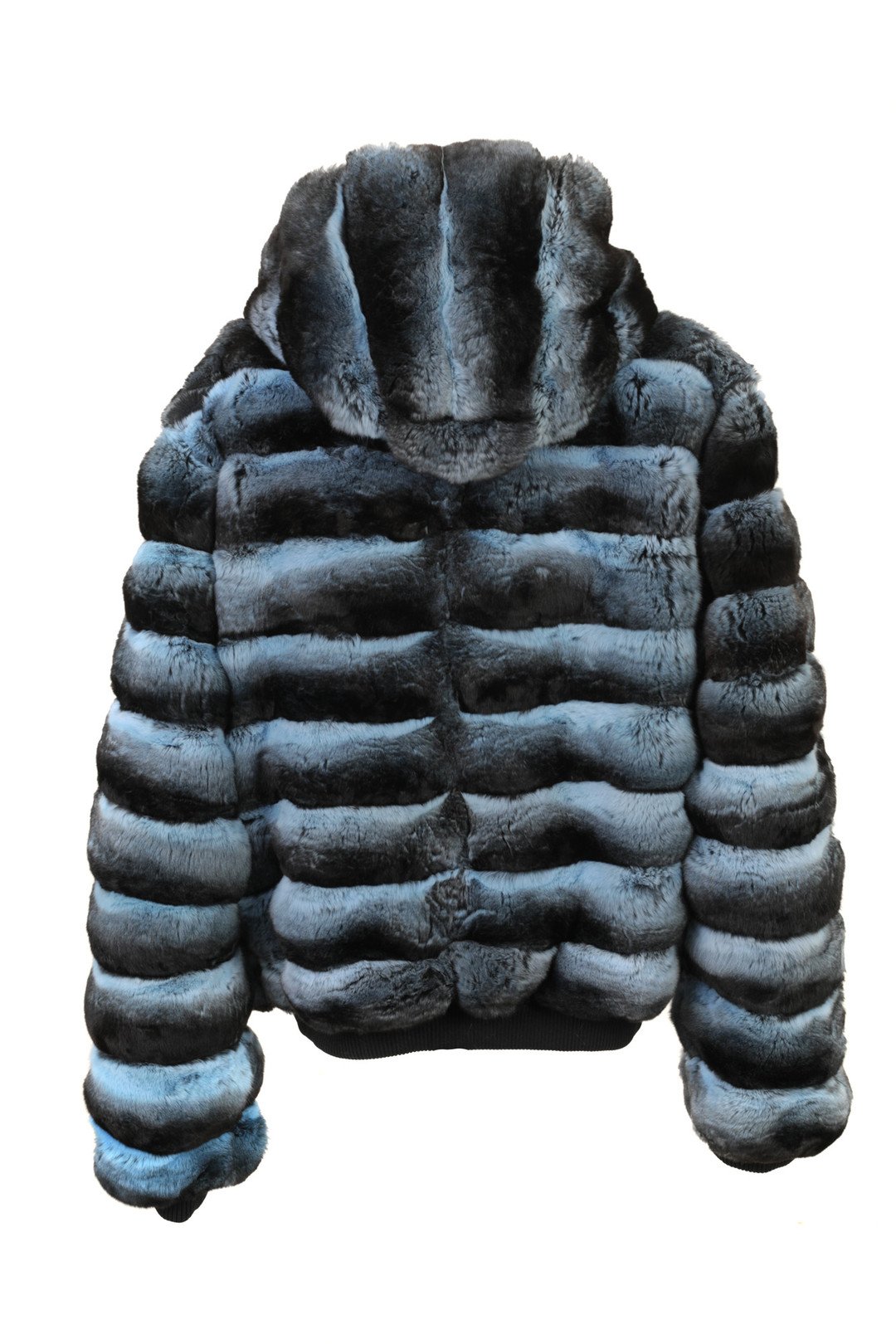 Blue Black Reversible Hooded Chinchilla Leather Bomber Jacket - Image 3