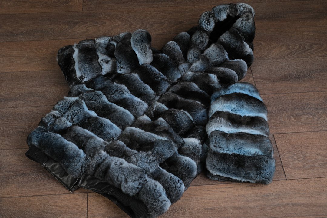 Blue Black Reversible Hooded Chinchilla Leather Bomber Jacket - Image 4