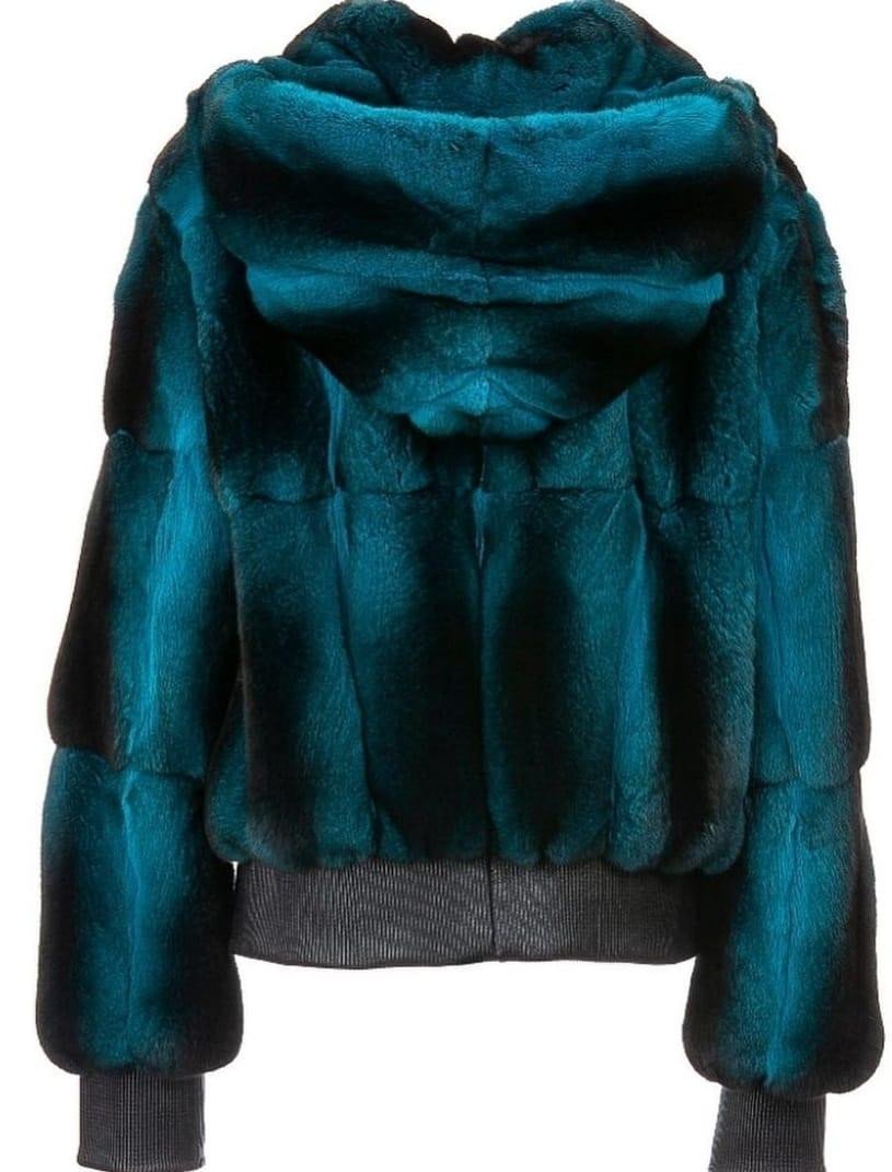 Men's Blue Black Chinchilla Hooded Bomber Jacket - Image 2