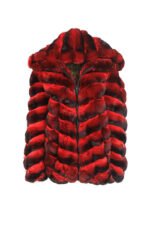 Mens Red Hooded Chinchilla Bomber Fur Coat - Image 2