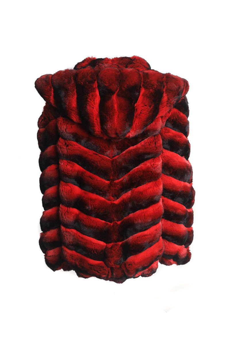 Mens Red Hooded Chinchilla Bomber Fur Coat - Image 5
