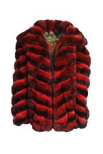 Mens Red Hooded Chinchilla Bomber Fur Coat