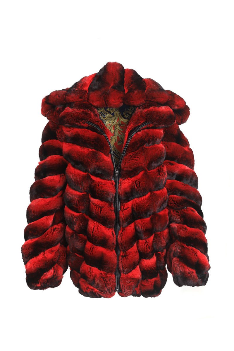 Mens Red Hooded Chinchilla Bomber Fur Coat - Image 4