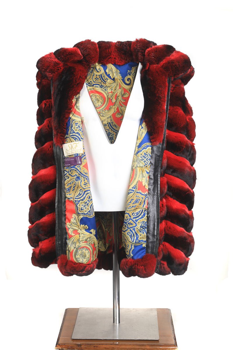 Mens Red Hooded Chinchilla Bomber Fur Coat - Image 3