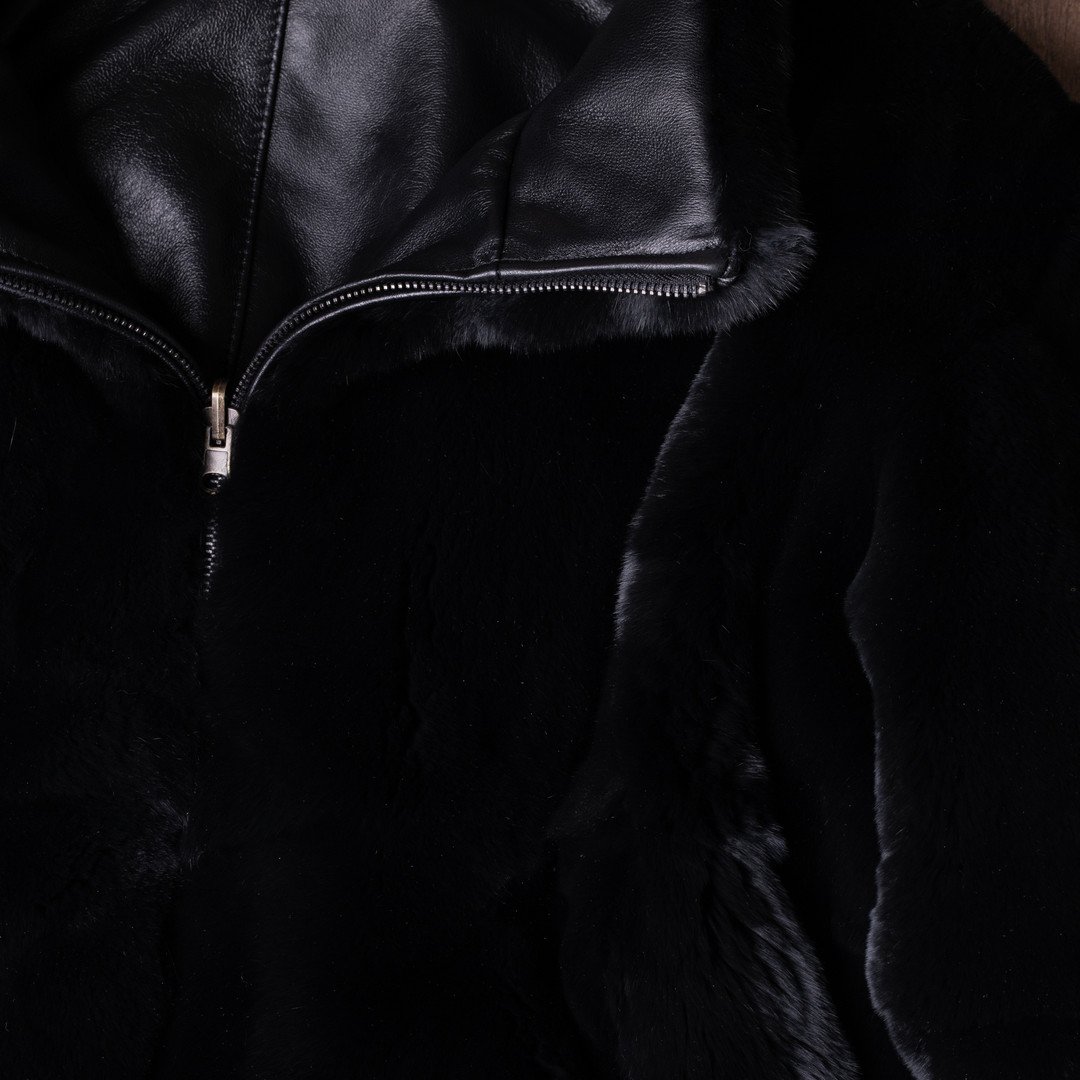 Black Rex Rabbit Fur Bomber Jacket Reversible - Image 7