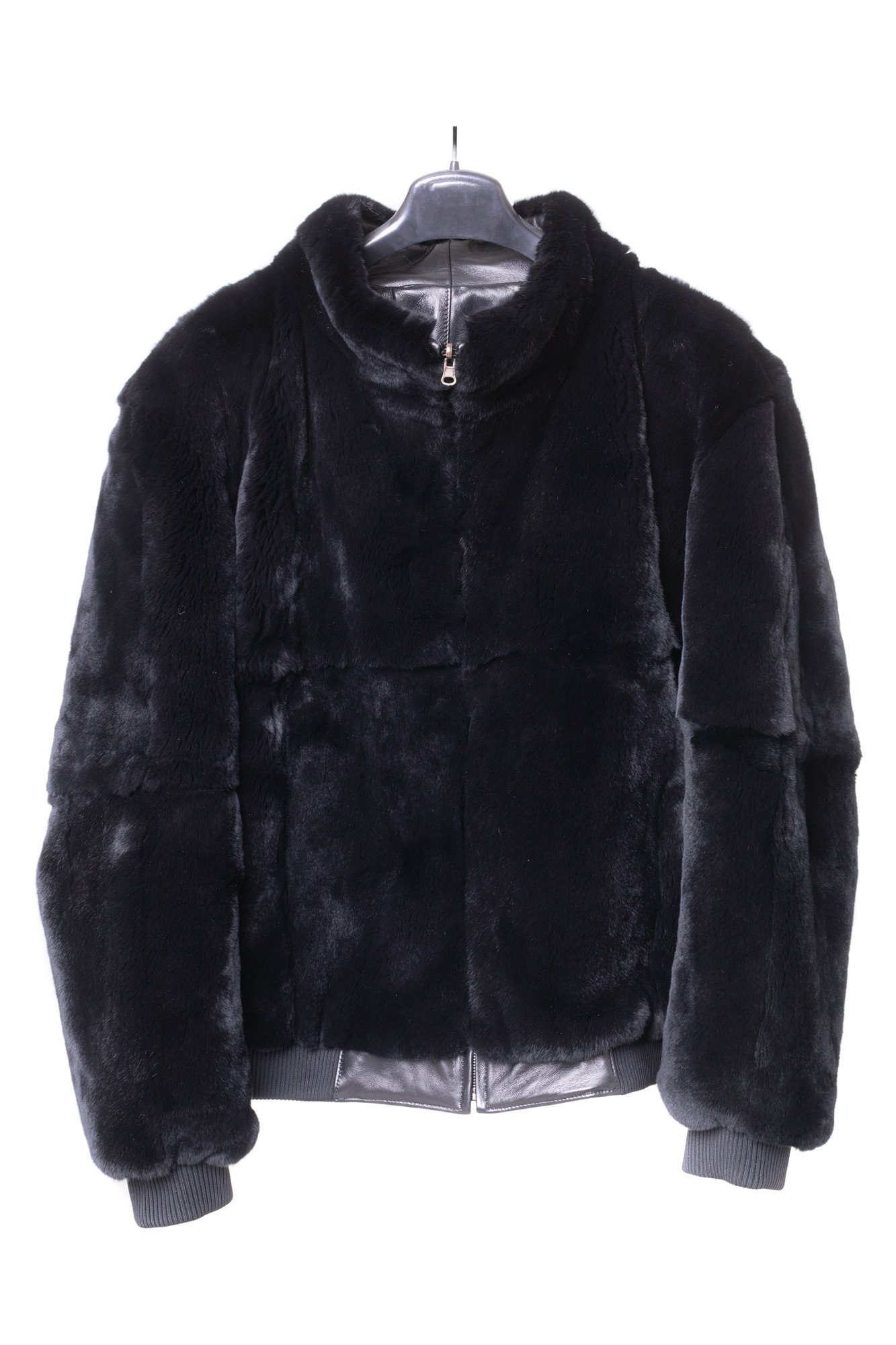 Black Rex Rabbit Fur Bomber Jacket Reversible - Image 1