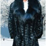 Navy Blue Diamond Cut Sheared Mink Fur Coat with Fox Fur Collar
