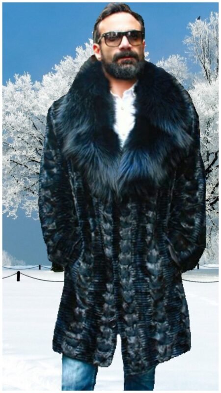 Navy Blue Diamond Cut Sheared Mink Fur Coat with Fox Fur Collar