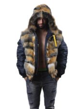 Blue Hooded Fox Fur Lined Men's Parka