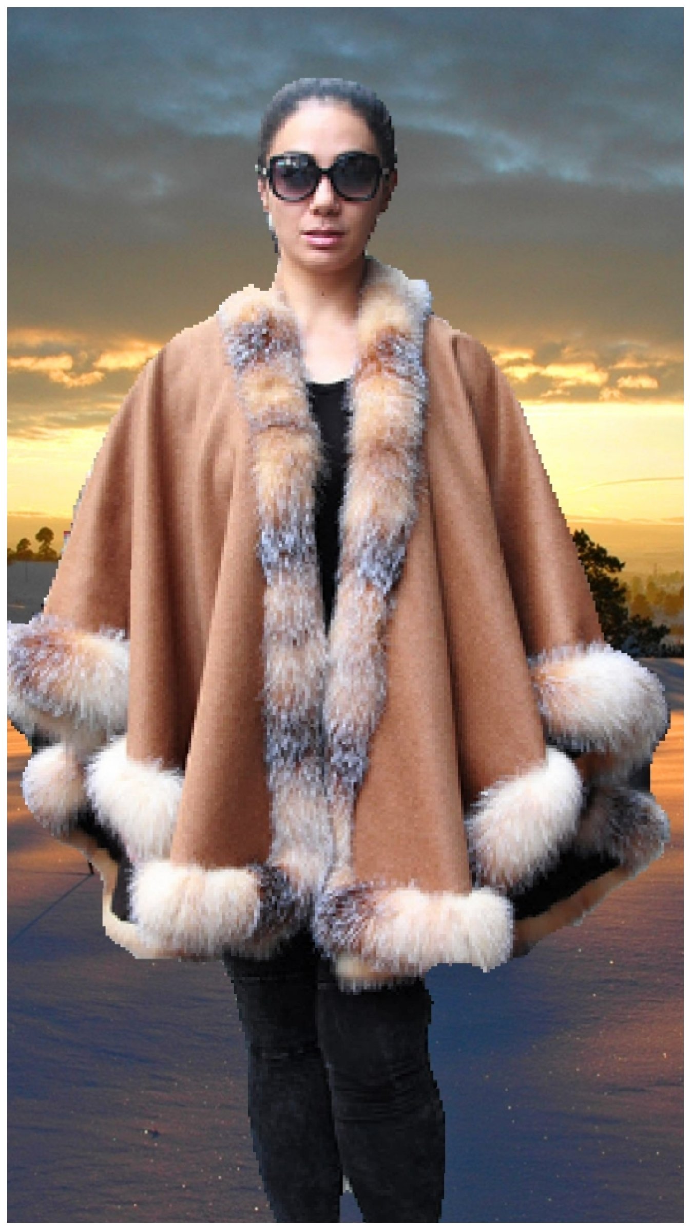 Plus Size Camel Cashmere Cape Crystal Fox Trim 9854 Plus Size Camel Cashmere Cape Crystal Fox Trim 9854