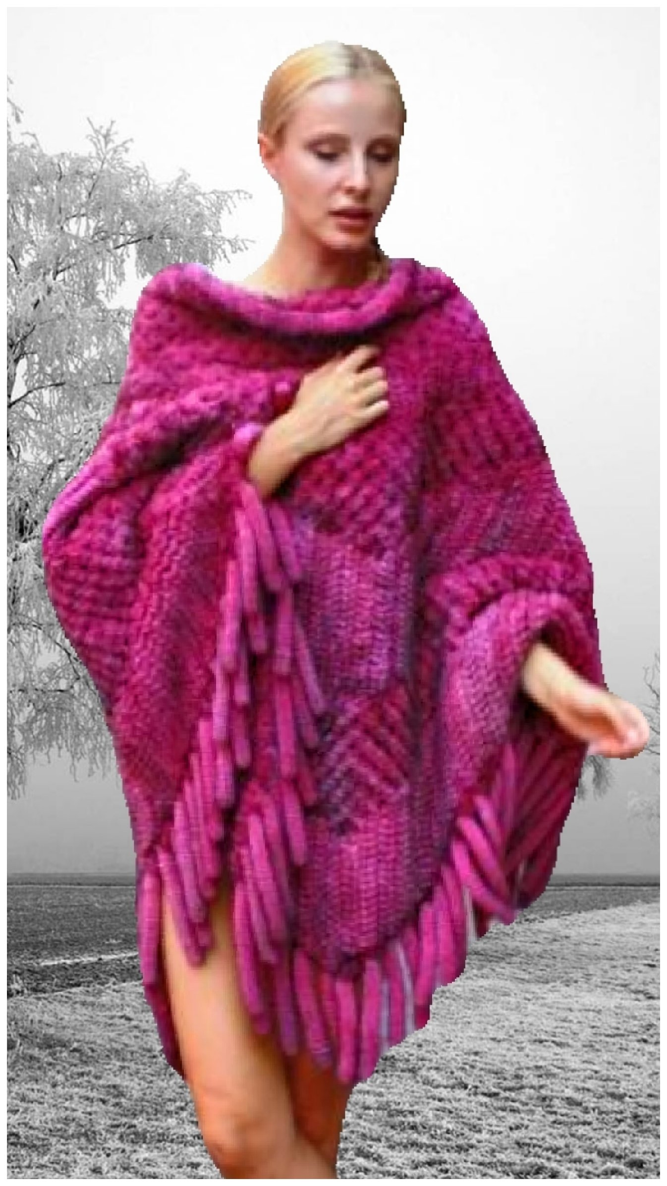 Plus Size Hot Pink Knit Mink Fur Poncho Fur Fringes 55678 Plus Size Hot Pink Knit Mink Fur Poncho Fur Fringes 55678