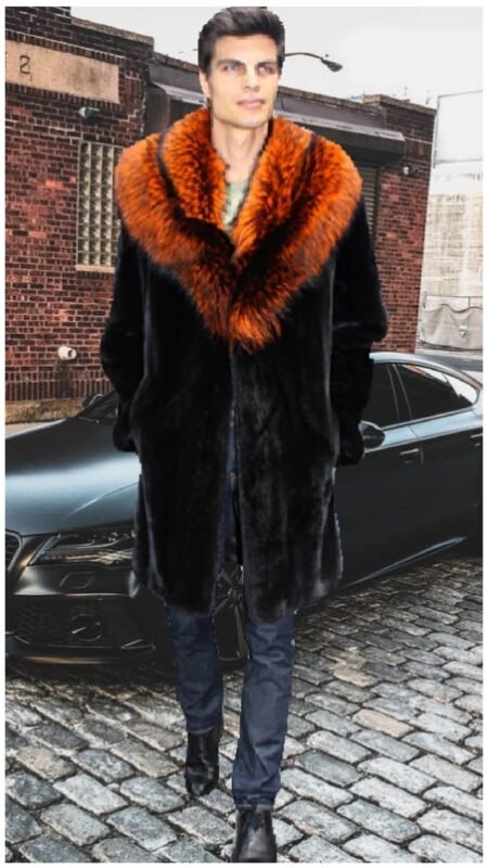 Ranch Mink Fur Coat with Burnt Orange Fox Fur Collar